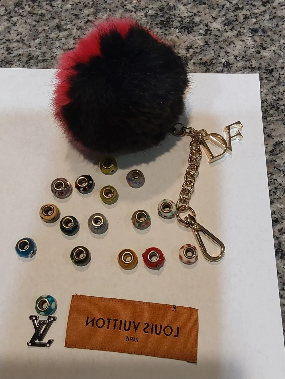 Louis Vuitton & DVF Red and Black Fur Pom‎ Pom Key Charm with Gold Hardware